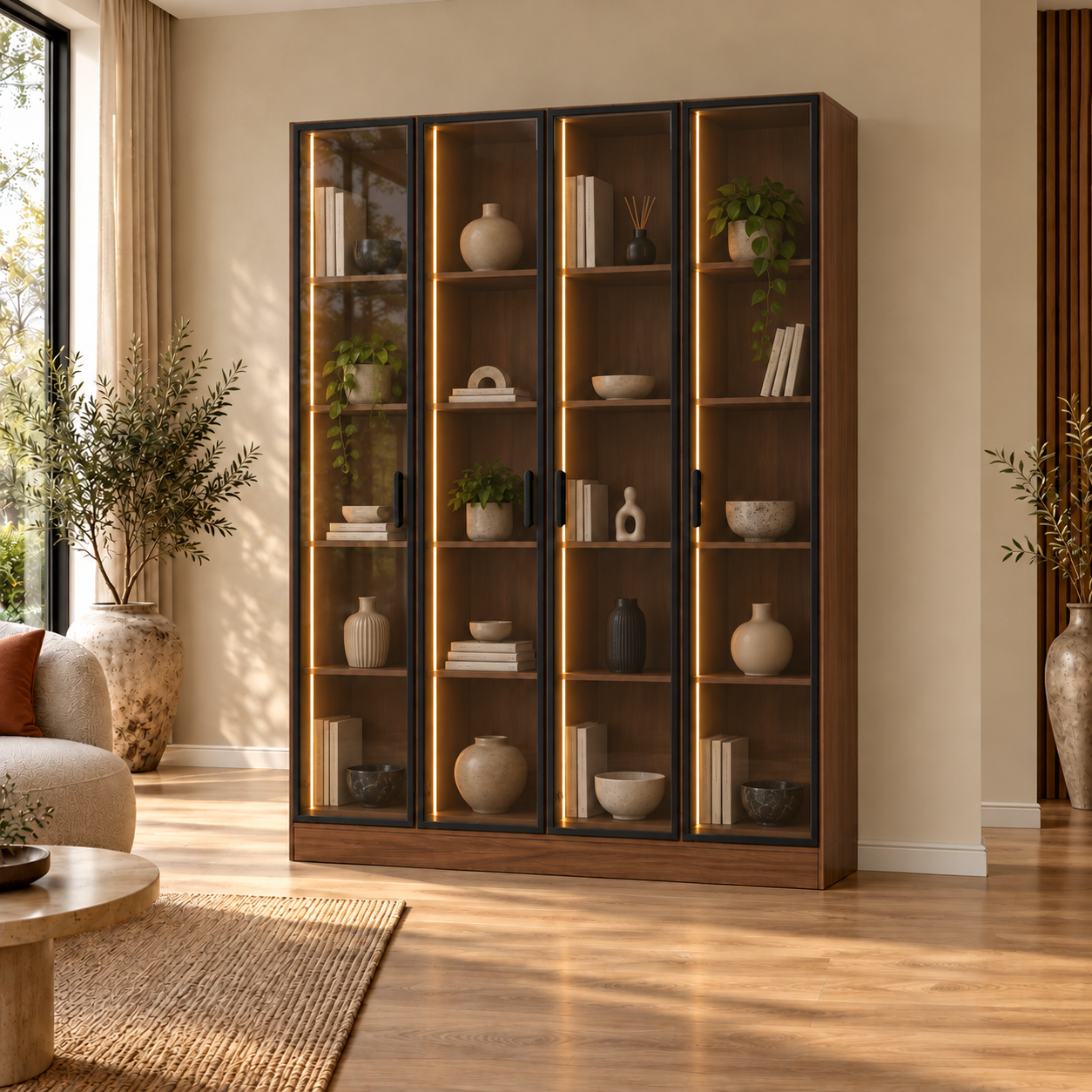 Talia 140 Ceviz Dört Reflekte Camlı Dikey LED Kitaplık