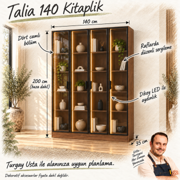 Talia 140 Ceviz Dört Reflekte Camlı Dikey LED Kitaplık