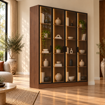 Talia 140 Ceviz Dört Reflekte Camlı Dikey LED Kitaplık