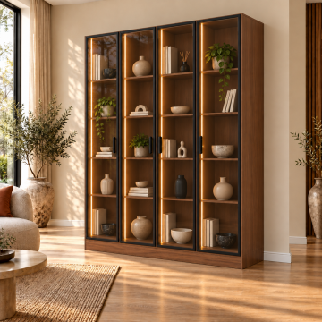 Talia 140 Ceviz Dört Reflekte Camlı Dikey LED Kitaplık