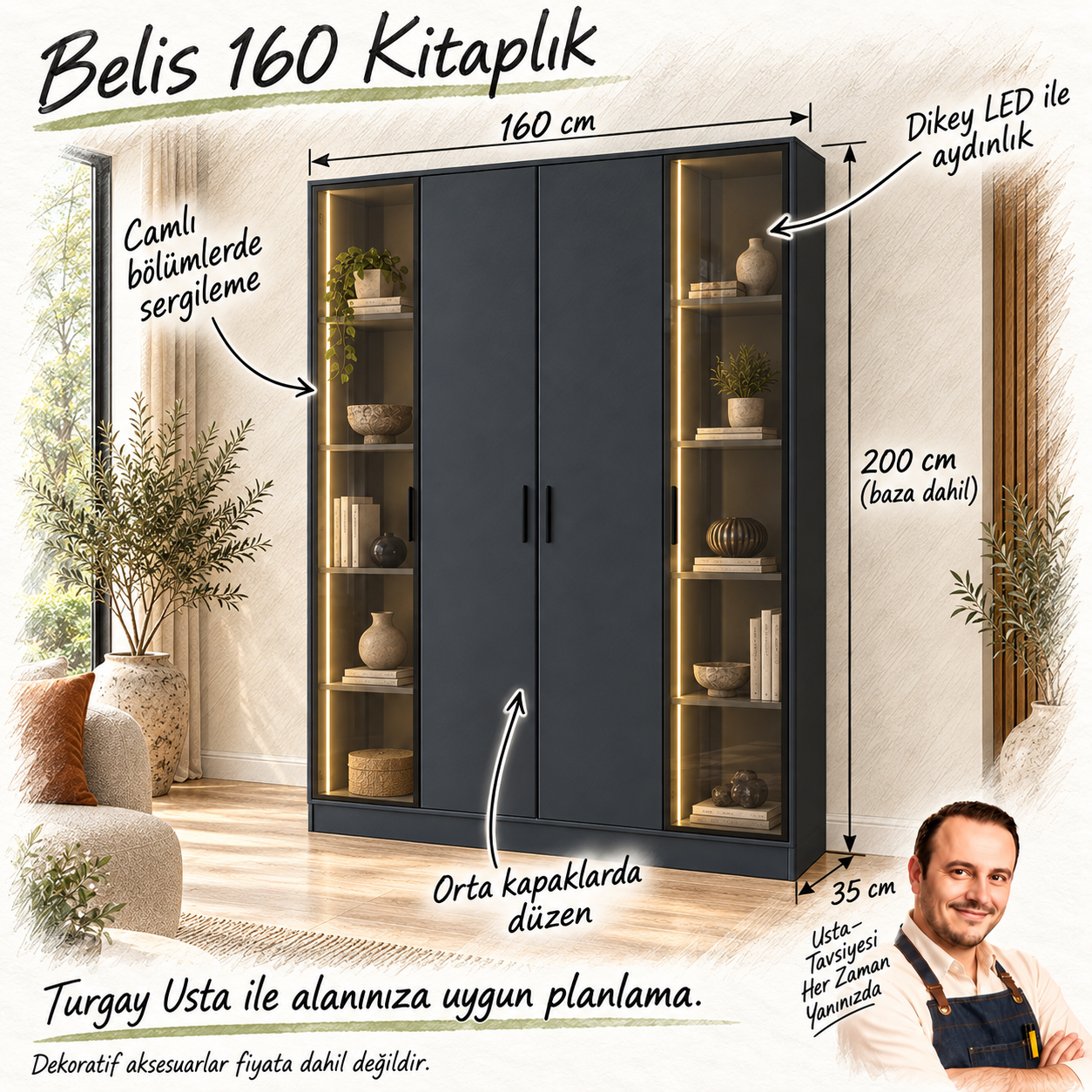 Belis 160 antrasit camlı kapaklı kitaplık ölçüleri ve Turgay Usta fayda eskizi