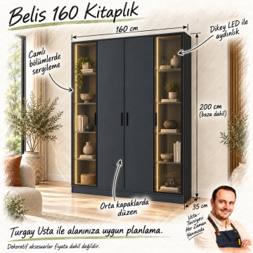 Belis 160 Antrasit Yarı Reflekte Yarı Kapaklı LED Kitaplık