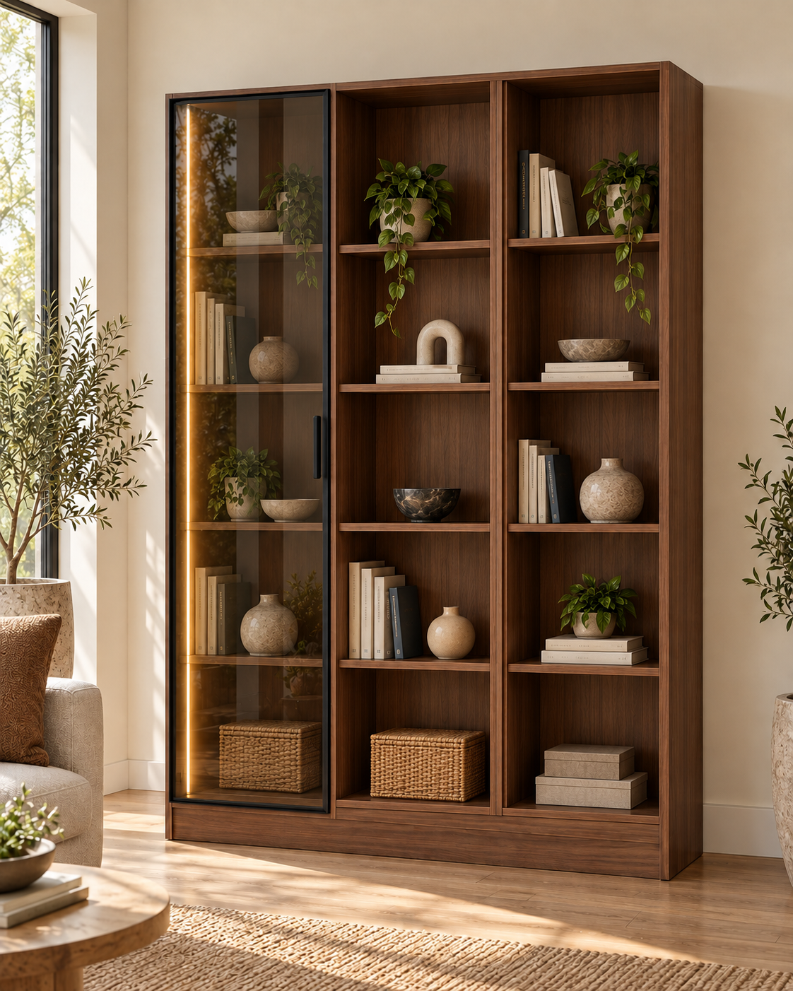 Kanyon 120 Ceviz Reflekte Camlı ve Açık Raflı Dikey LED Kitaplık