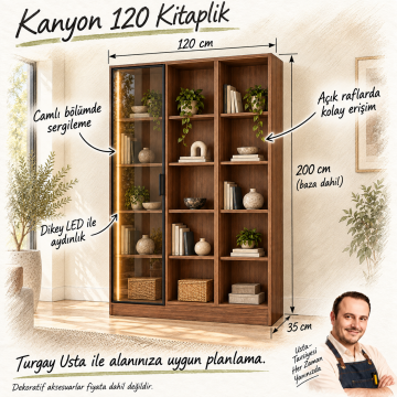 Kanyon 120 Ceviz Reflekte Camlı ve Açık Raflı Dikey LED Kitaplık
