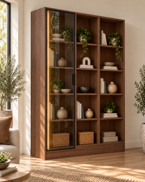 Kanyon 120 Ceviz Reflekte Camlı ve Açık Raflı Dikey LED Kitaplık
