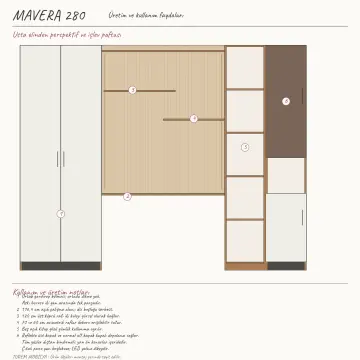 Mavera 280 Premium Tek Kişilik Köprü Raflı Reflekte Kitaplıklı Gardıroplu Çalışma Masası