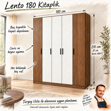 Lento 180 Ceviz Beyaz Beş Kapaklı Kitaplık