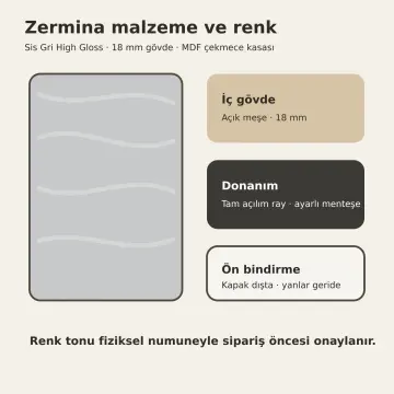 Zermina Sis Gri High Gloss Çekilir Altı Havalandırmalı Sarımsak Kavanozu Beşikli Düz Mutfak Dolabı