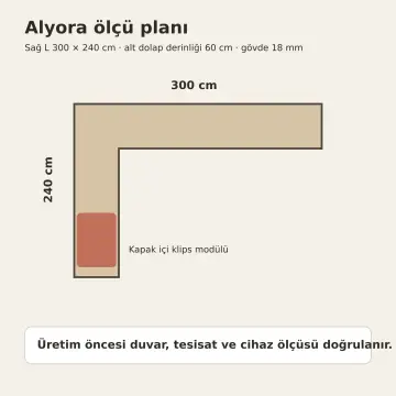 Alyora Keten Bej Membran Kapak İçi Dört Silikon Buz Kalıbı Kurutma Klipsli Sağ L Mutfak Dolabı