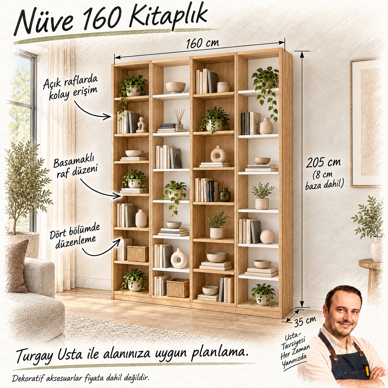 Nüve 160 sonomo beyaz açık kitaplık ölçüleri ve Turgay Usta fayda eskizi