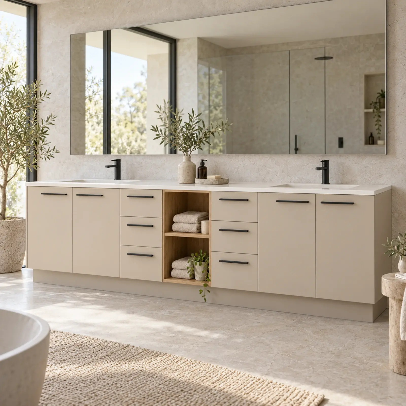 Farelvena Membran Çift Lavabo Yerleşimli Altı Çekmeceli Orta Açık Havlu Nişli Banyo Dolabı 250 cm