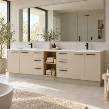 Farelvena Membran Çift Lavabo Yerleşimli Altı Çekmeceli Orta Açık Havlu Nişli Banyo Dolabı 250 cm