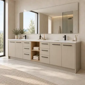Farelvena Membran Çift Lavabo Yerleşimli Altı Çekmeceli Orta Açık Havlu Nişli Banyo Dolabı 250 cm