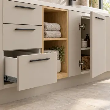 Farelvena Membran Çift Lavabo Yerleşimli Altı Çekmeceli Orta Açık Havlu Nişli Banyo Dolabı 250 cm