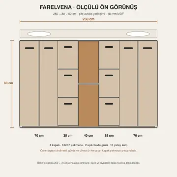 Farelvena Membran Çift Lavabo Yerleşimli Altı Çekmeceli Orta Açık Havlu Nişli Banyo Dolabı 250 cm