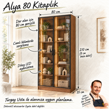 Alya 80 Ceviz İki Reflekte Camlı Dikey LED Kitaplık