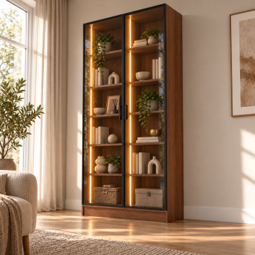 Alya 80 Ceviz İki Reflekte Camlı Dikey LED Kitaplık