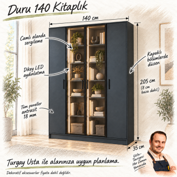 Duru 140 Antrasit İki Reflekte İki Kapaklı LED Kitaplık