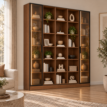 Pera 180 Ceviz İki Reflekte Camlı Üç Açık Raflı Dikey LED Kitaplık