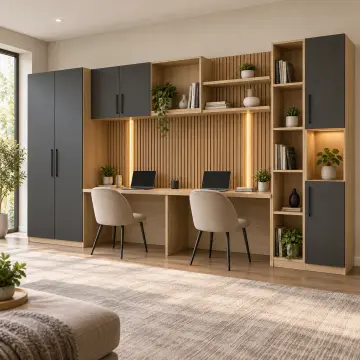Sarena 380 Premium İki Kişilik Asimetrik Köprü Depolamalı Kitaplıklı Gardıroplu Çalışma Masası