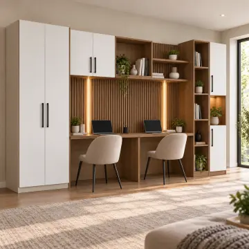 Sarena 380 Premium İki Kişilik Asimetrik Köprü Depolamalı Kitaplıklı Gardıroplu Çalışma Masası