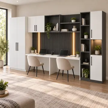 Sarena 380 Premium İki Kişilik Asimetrik Köprü Depolamalı Kitaplıklı Gardıroplu Çalışma Masası