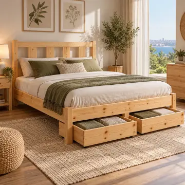 Seralune Doğal Ahşap Çekmeceli Karyola