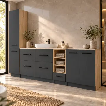 Nervelissa Membran Boy Dolaplı, Beş Çekmeceli ve Üç Açık Gözlü Banyo Dolabı 270 cm