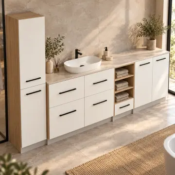 Nervelissa Membran Boy Dolaplı, Beş Çekmeceli ve Üç Açık Gözlü Banyo Dolabı 270 cm