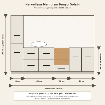 Nervelissa Membran Boy Dolaplı, Beş Çekmeceli ve Üç Açık Gözlü Banyo Dolabı 270 cm