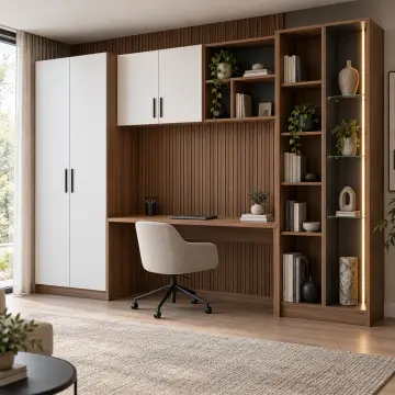 Veyra 300 Premium Geometrik Kitaplıklı Vitrin Nişli Gardıroplu Çalışma Masası