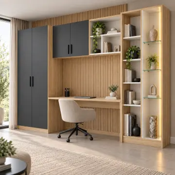 Veyra 300 Premium Geometrik Kitaplıklı Vitrin Nişli Gardıroplu Çalışma Masası