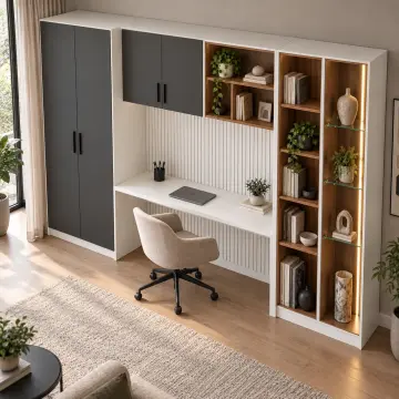 Veyra 300 Premium Geometrik Kitaplıklı Vitrin Nişli Gardıroplu Çalışma Masası