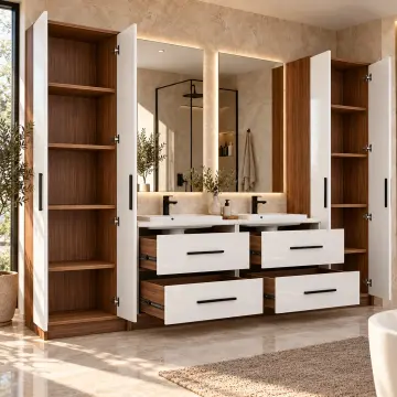 Oryelissa High Gloss Çift Lavabolu, Dört Çekmeceli ve İki Boy Dolaplı Banyo Dolabı 280 cm