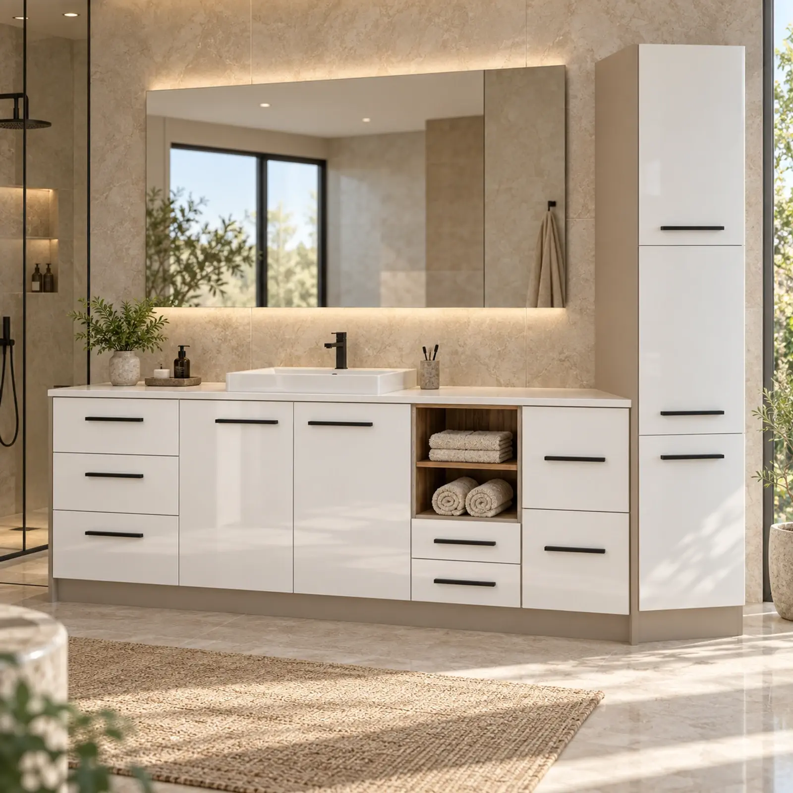 Girelvassa High Gloss Yedi Çekmeceli Açık Havlu Nişli Yüksek Dolaplı Banyo Dolabı 230 cm