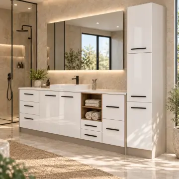 Girelvassa High Gloss Yedi Çekmeceli Açık Havlu Nişli Yüksek Dolaplı Banyo Dolabı 230 cm