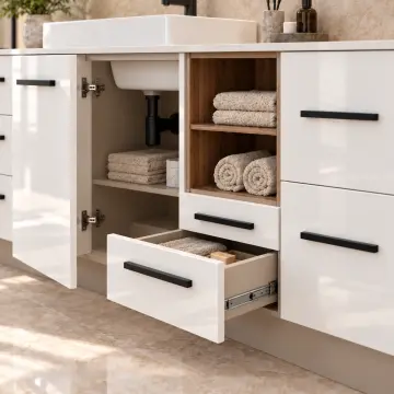 Girelvassa High Gloss Yedi Çekmeceli Açık Havlu Nişli Yüksek Dolaplı Banyo Dolabı 230 cm