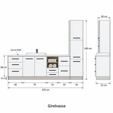 Girelvassa High Gloss Yedi Çekmeceli Açık Havlu Nişli Yüksek Dolaplı Banyo Dolabı 230 cm