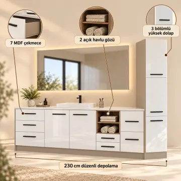 Girelvassa High Gloss Yedi Çekmeceli Açık Havlu Nişli Yüksek Dolaplı Banyo Dolabı 230 cm