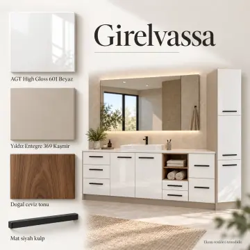 Girelvassa High Gloss Yedi Çekmeceli Açık Havlu Nişli Yüksek Dolaplı Banyo Dolabı 230 cm