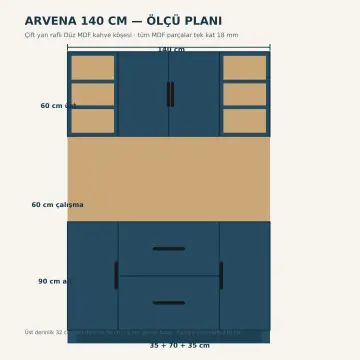 Arvena 140 cm Çift Yan Raflı Düz MDF Kahve Köşesi