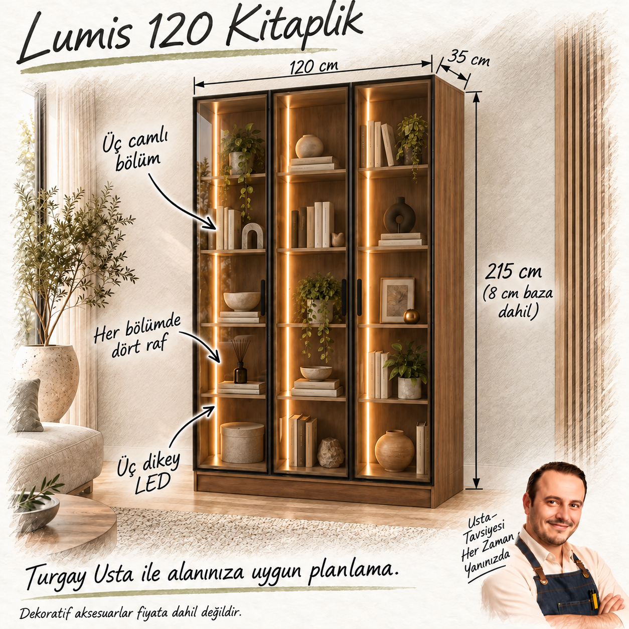 Lumis 120 kitaplık: 120 cm genişlik, 35 cm derinlik, baza dahil 215 cm yükseklik ve Turgay Usta fayda eskizi