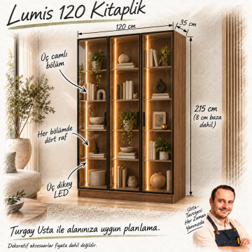 Lumis 120 Ceviz Üç Reflekte Camlı Dikey LED Kitaplık