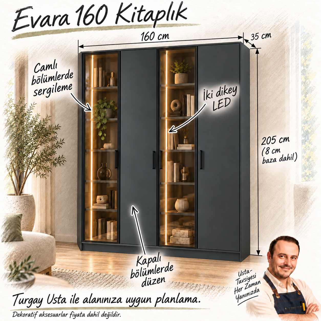 Evara 160 kitaplık: 160 cm genişlik, 35 cm derinlik, baza dahil 205 cm yükseklik ve Turgay Usta fayda eskizi