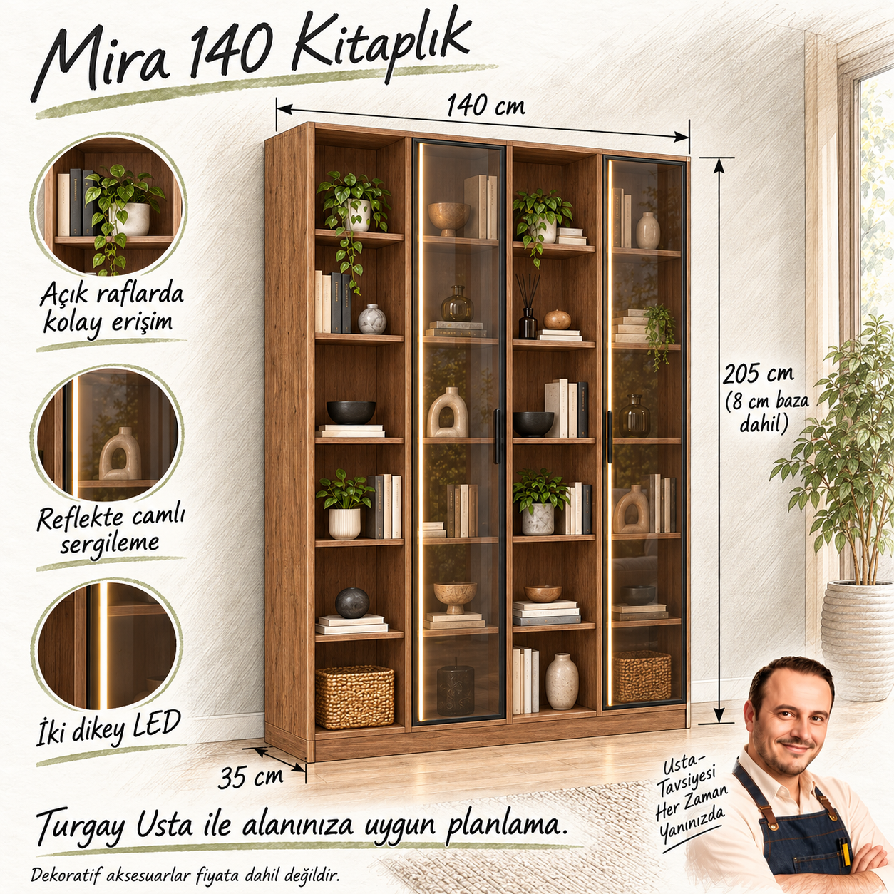 Mira 140 kitaplık: 140 cm genişlik, 35 cm derinlik, baza dahil 205 cm yükseklik ve Turgay Usta fayda eskizi