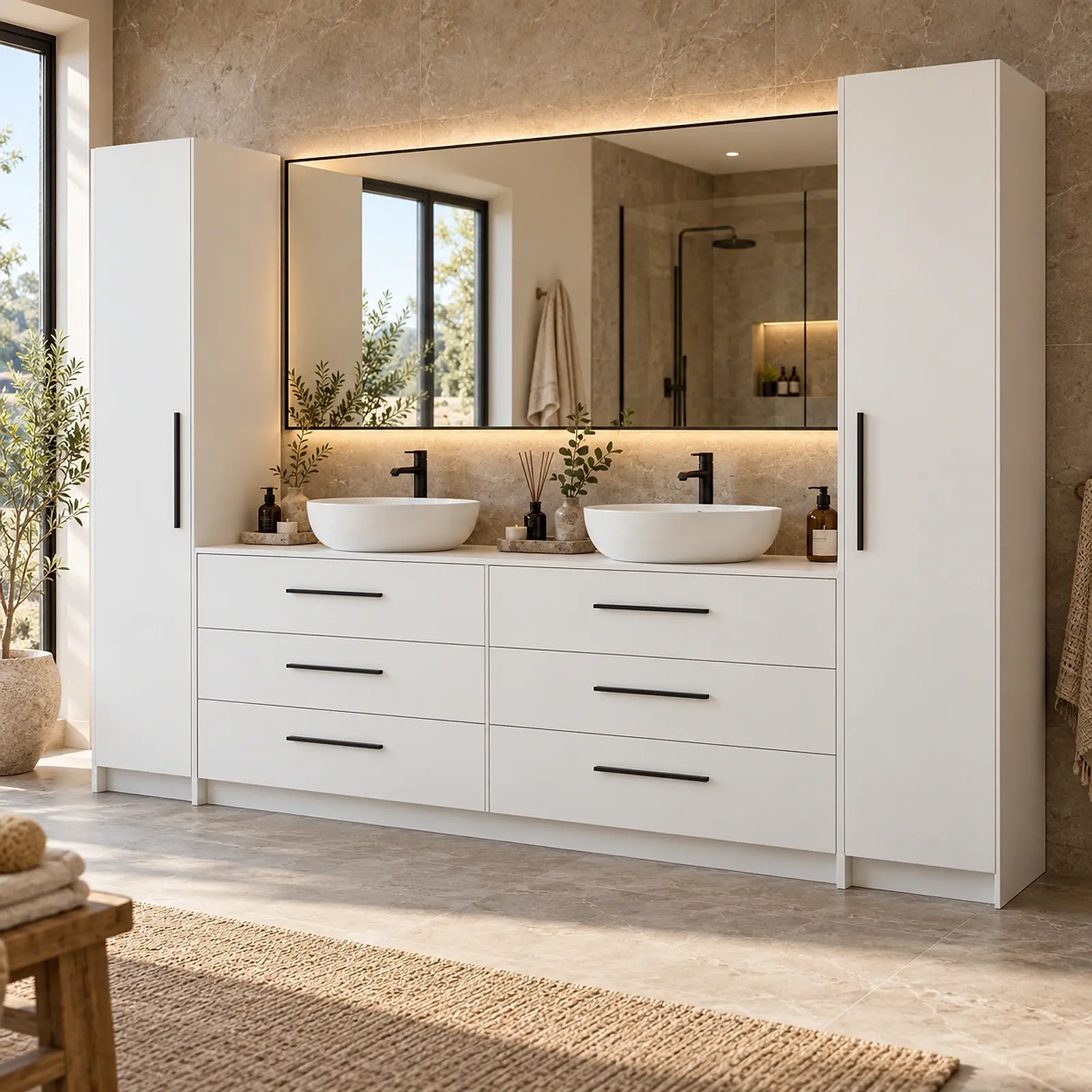 Peryalessa Lake Çift Lavabolu, İki Boy Dolaplı ve Altı Çekmeceli Banyo Dolabı 260 cm
