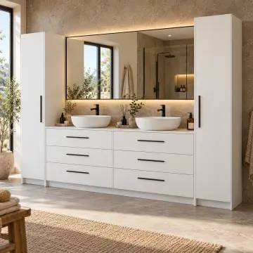 Peryalessa Lake Çift Lavabolu, İki Boy Dolaplı ve Altı Çekmeceli Banyo Dolabı 260 cm