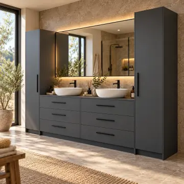Peryalessa Lake Çift Lavabolu, İki Boy Dolaplı ve Altı Çekmeceli Banyo Dolabı 260 cm