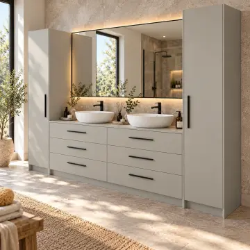 Peryalessa Lake Çift Lavabolu, İki Boy Dolaplı ve Altı Çekmeceli Banyo Dolabı 260 cm