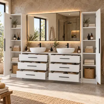 Peryalessa Lake Çift Lavabolu, İki Boy Dolaplı ve Altı Çekmeceli Banyo Dolabı 260 cm